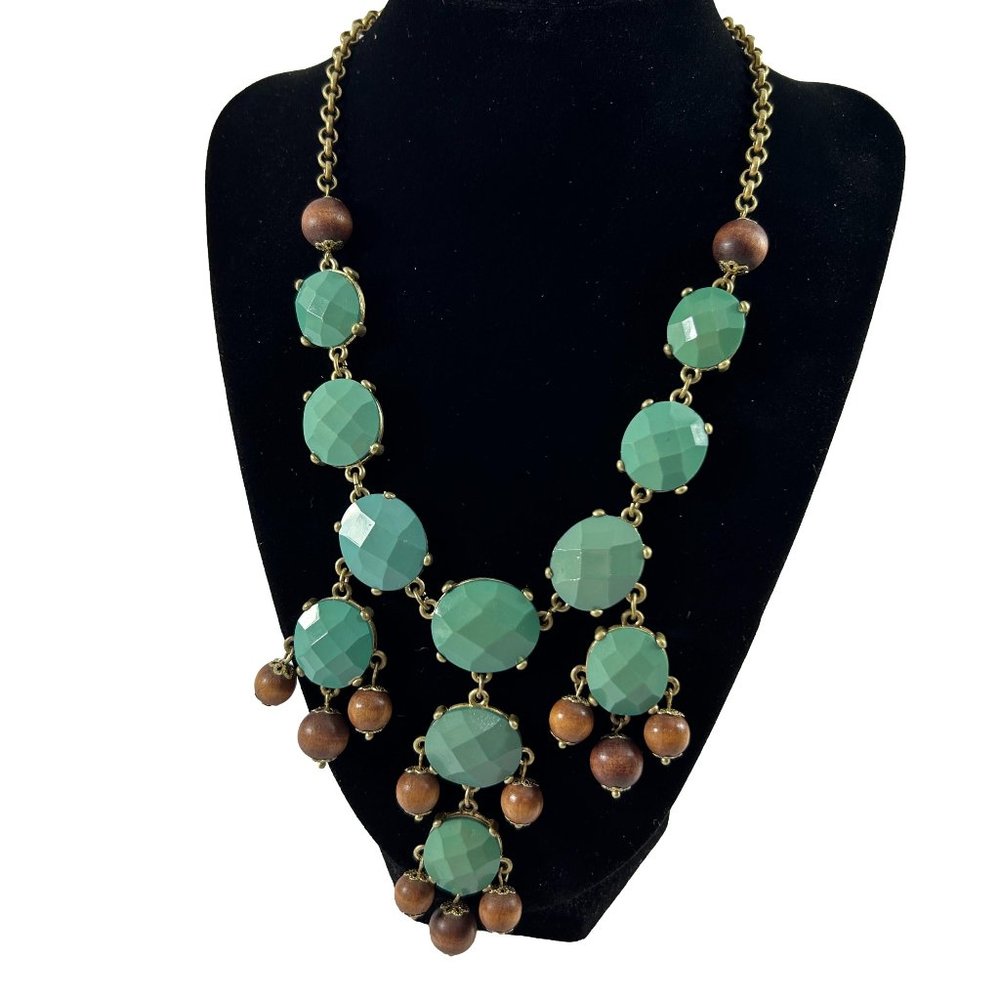 Vintage Avon SP Green Plastic Brown Wood Beads Gold Tone Dangle Bib 17-21"